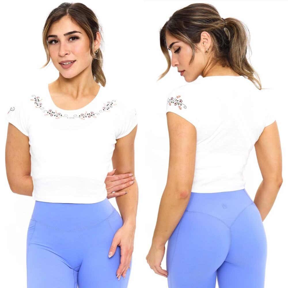 Buffbunny Vida Baby Tee M White Cropped Fitted Athletic Athleisure Casual